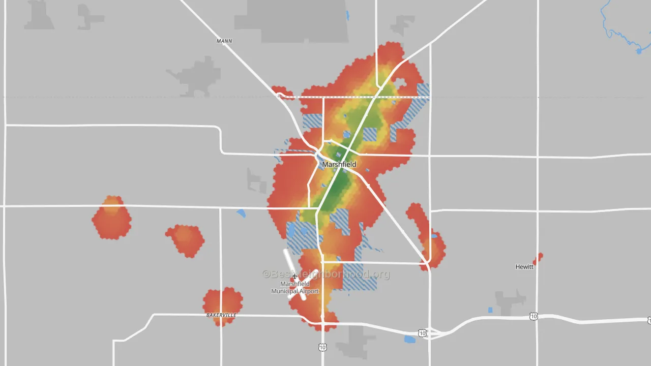 Walk Grade map of 54449, WI, walkable areas in green and car-dependent areas in red