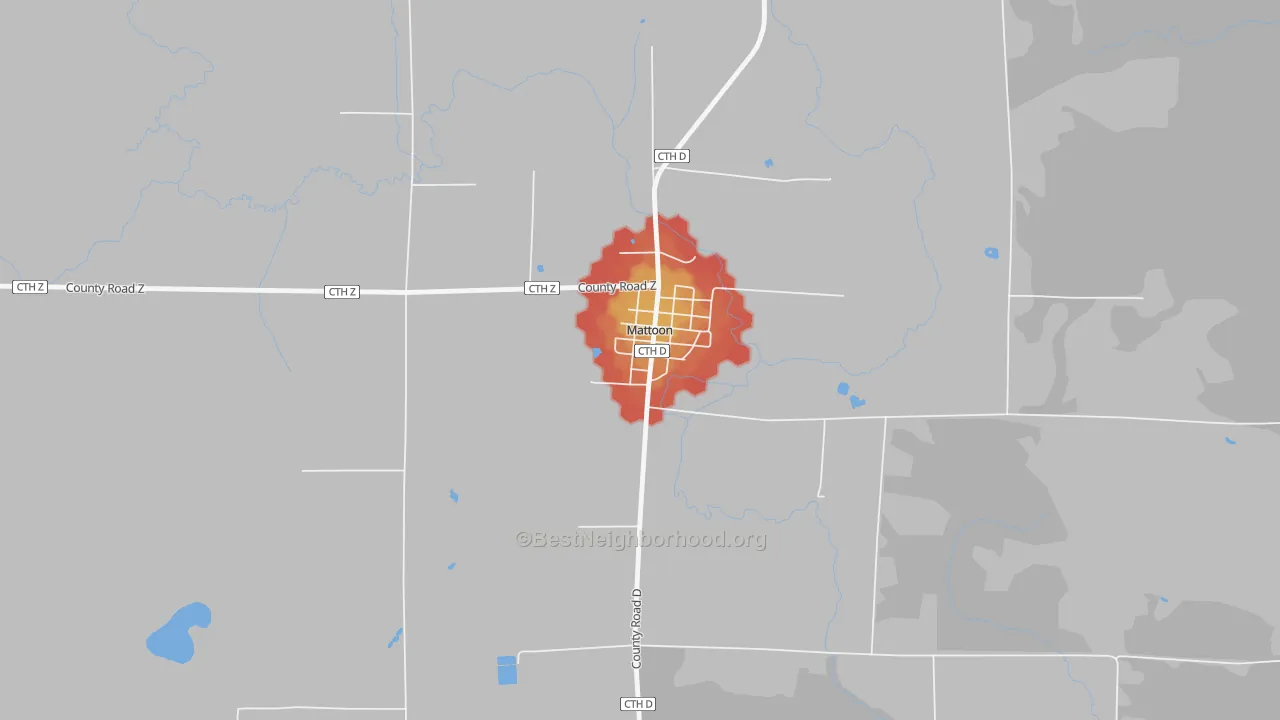 Walk Grade map of 54450, WI, walkable areas in green and car-dependent areas in red