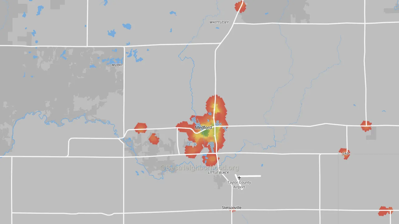 Walk Grade map of 54451, WI, walkable areas in green and car-dependent areas in red