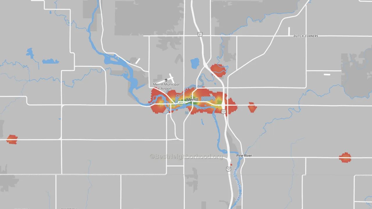 Walk Grade map of 54452, WI, walkable areas in green and car-dependent areas in red