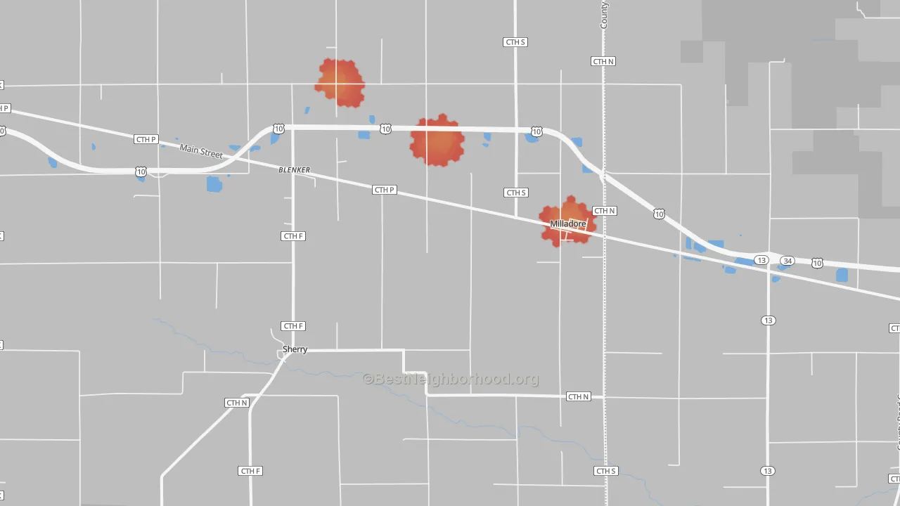 Walk Grade map of 54454, WI, walkable areas in green and car-dependent areas in red