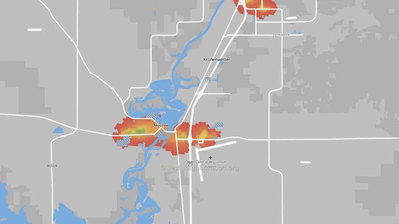 Walk Grade map of 54455, WI, walkable areas in green and car-dependent areas in red