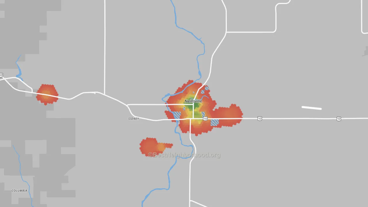 Walk Grade map of 54456, WI, walkable areas in green and car-dependent areas in red