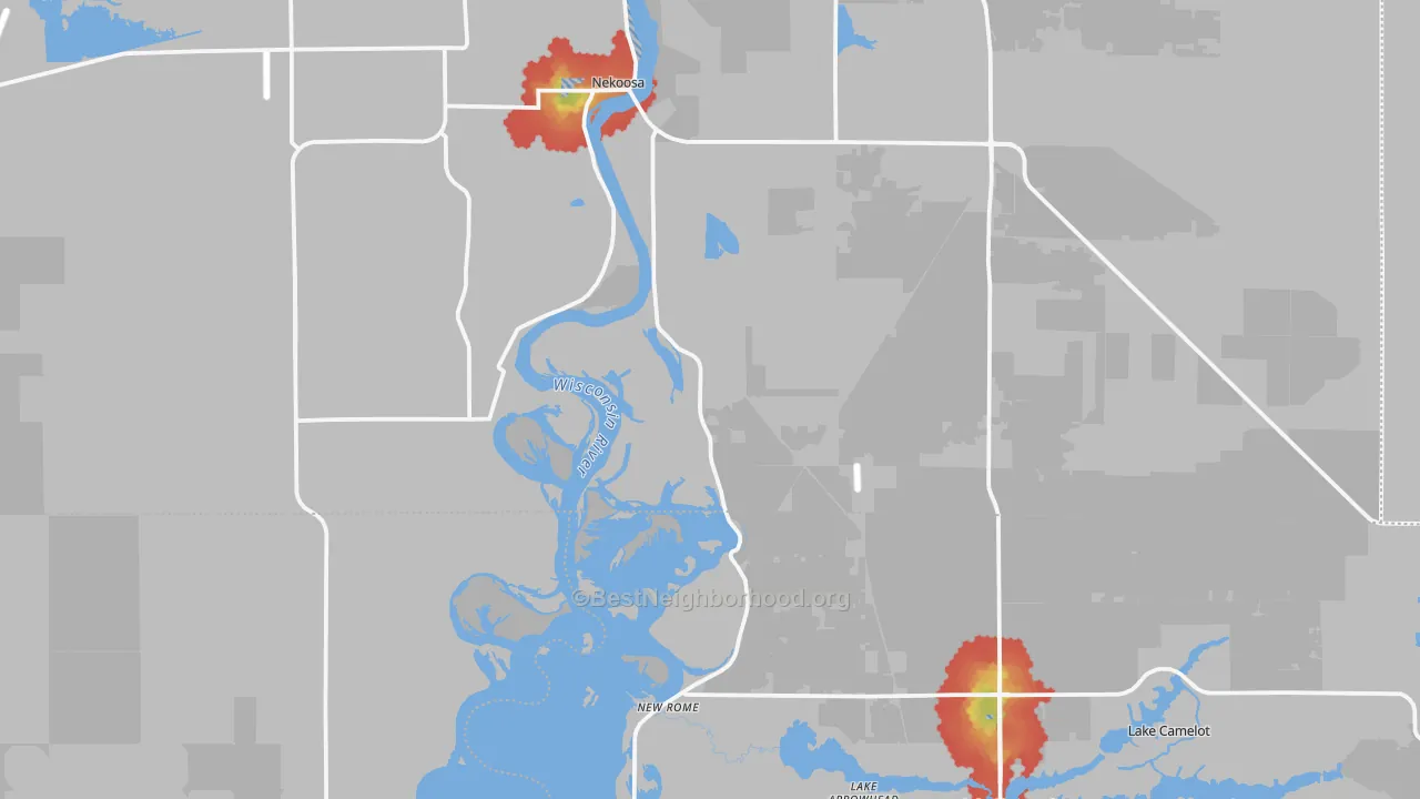 Walk Grade map of 54457, WI, walkable areas in green and car-dependent areas in red