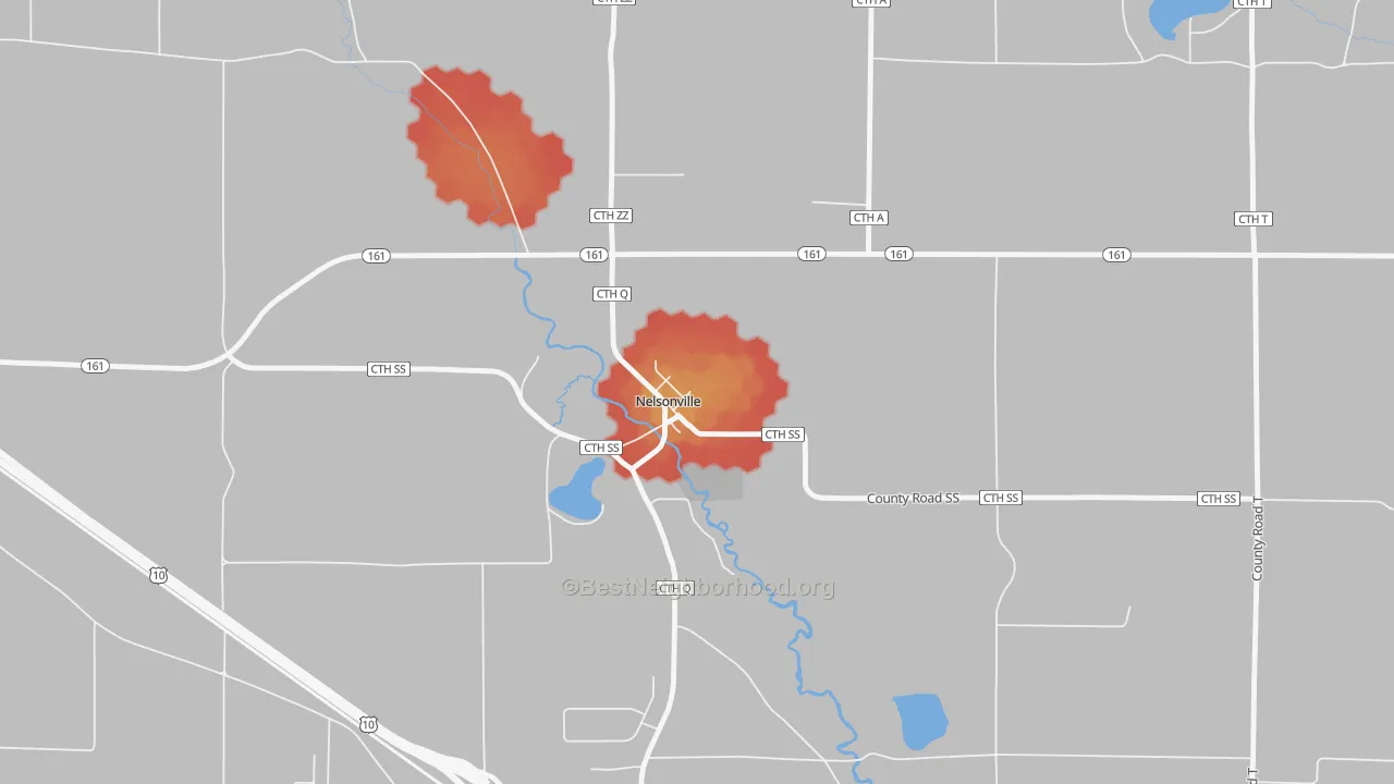 Walk Grade map of 54458, WI, walkable areas in green and car-dependent areas in red