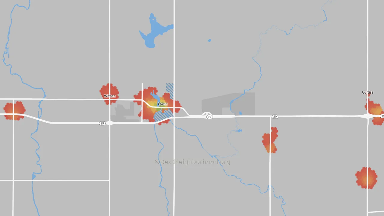 Walk Grade map of 54460, WI, walkable areas in green and car-dependent areas in red