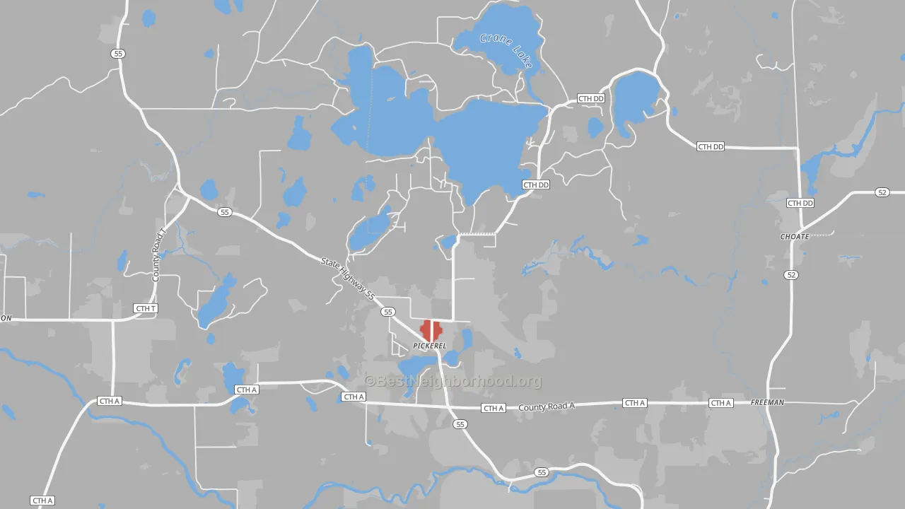 Walk Grade map of 54465, WI, walkable areas in green and car-dependent areas in red
