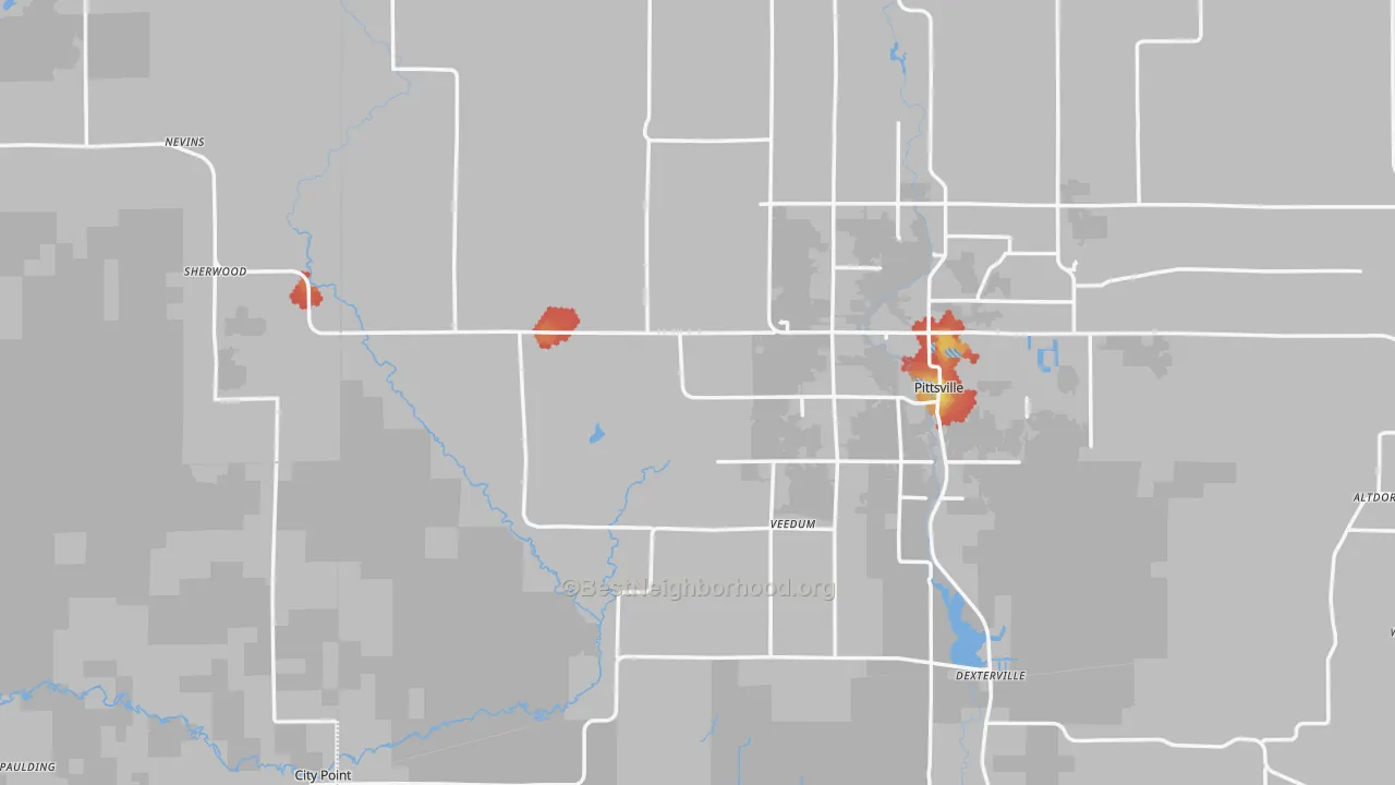 Walk Grade map of 54466, WI, walkable areas in green and car-dependent areas in red
