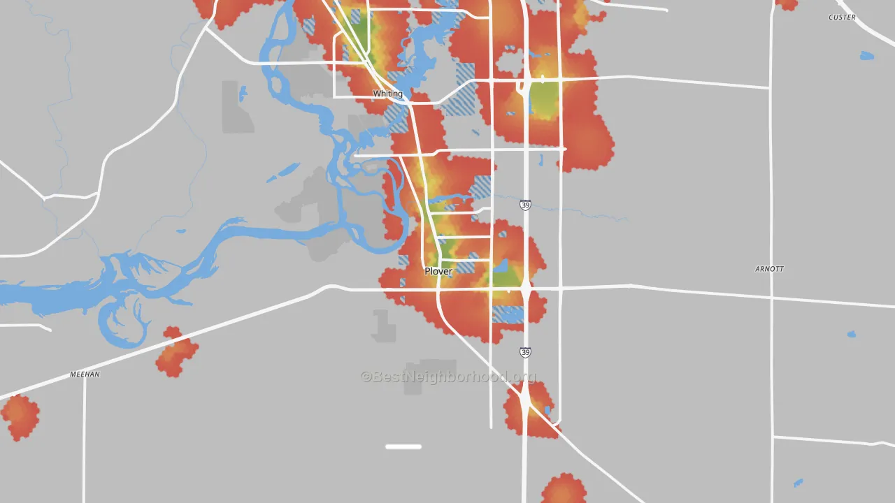 Walk Grade map of 54467, WI, walkable areas in green and car-dependent areas in red