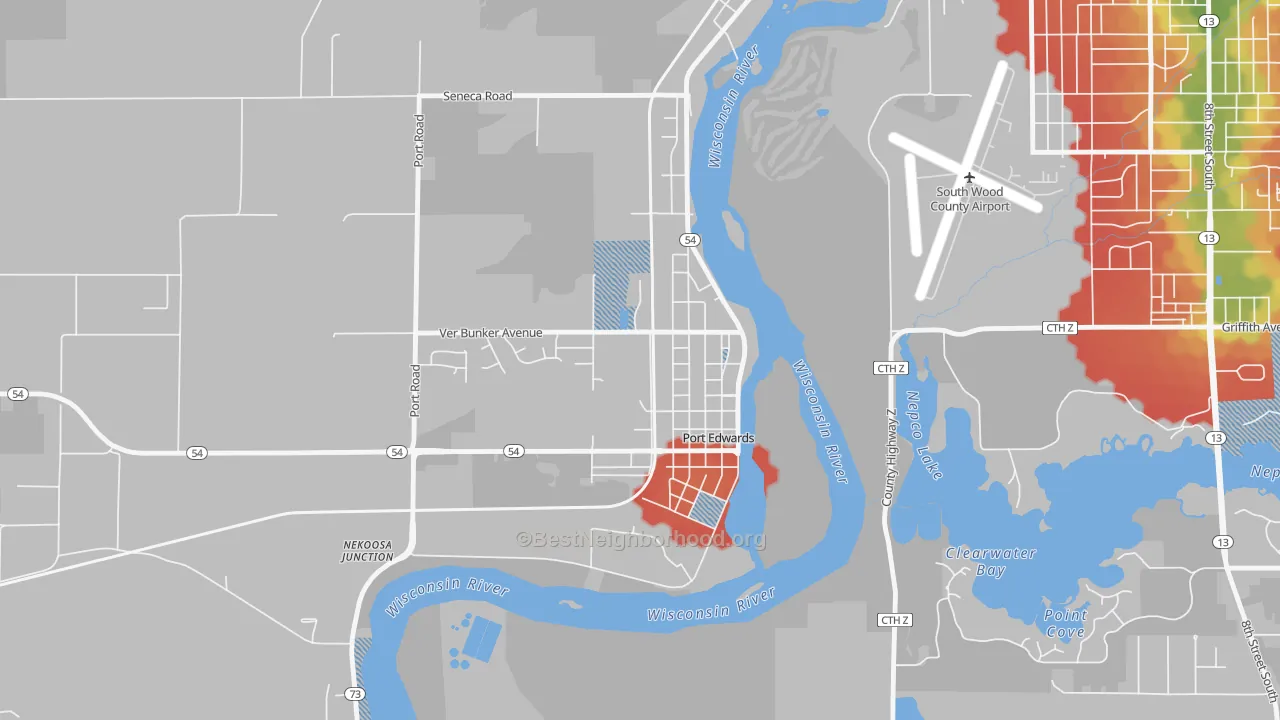 Walk Grade map of 54469, WI, walkable areas in green and car-dependent areas in red