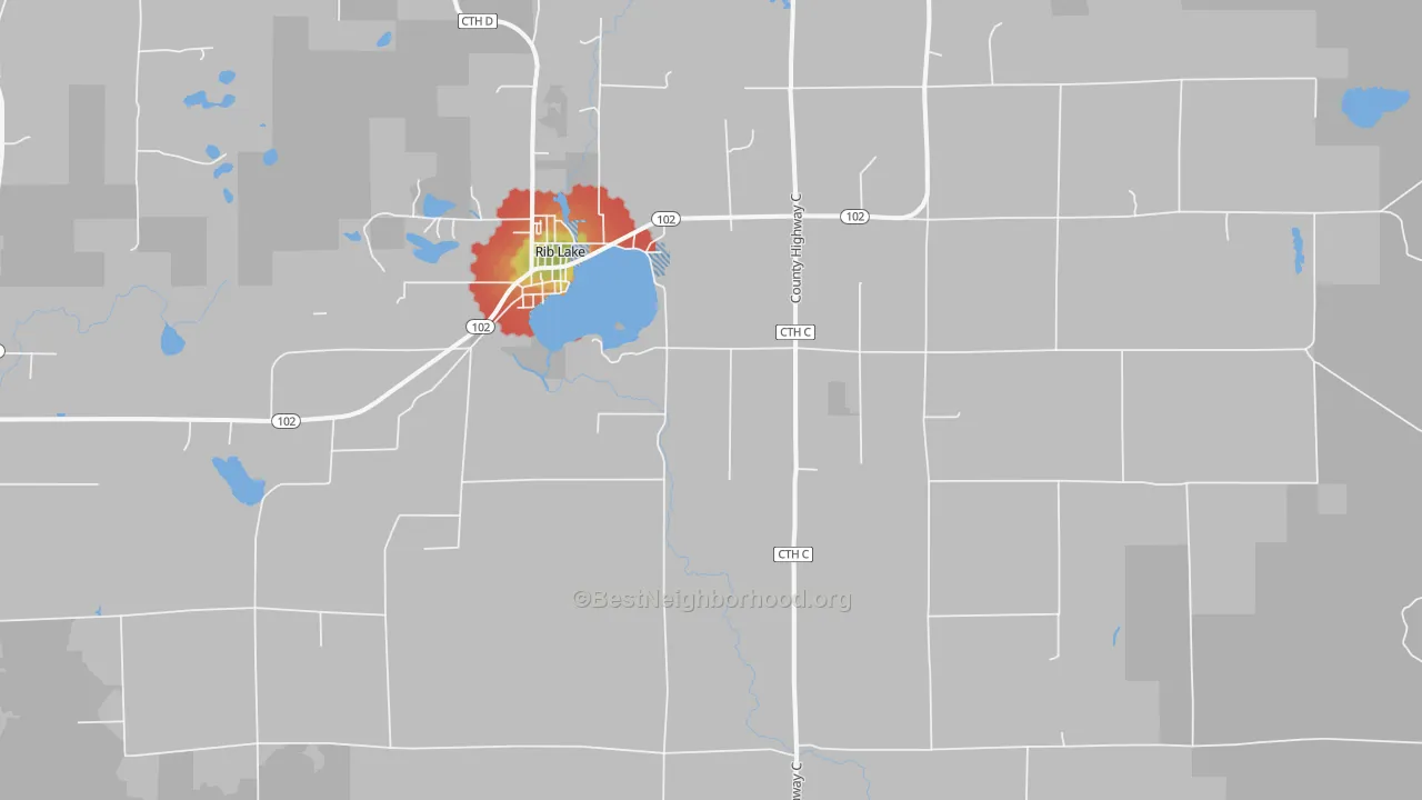 Walk Grade map of 54470, WI, walkable areas in green and car-dependent areas in red