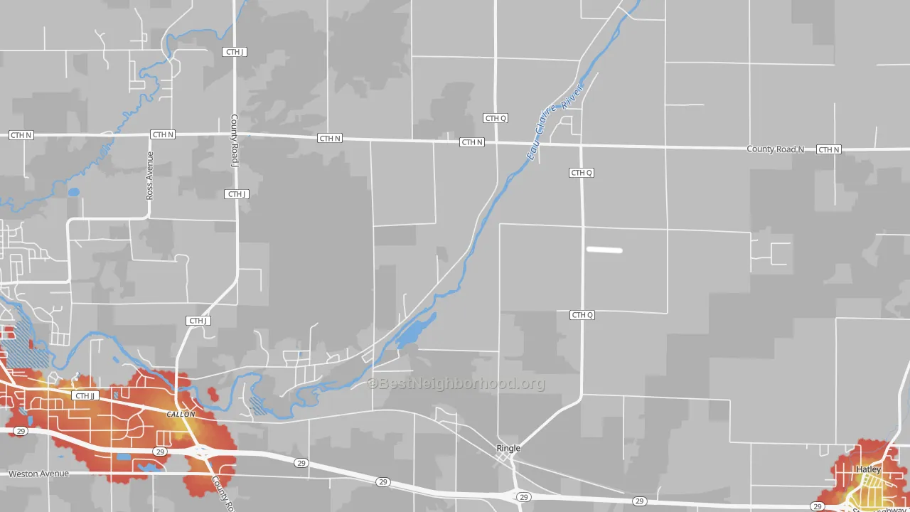 Walk Grade map of 54471, WI, walkable areas in green and car-dependent areas in red