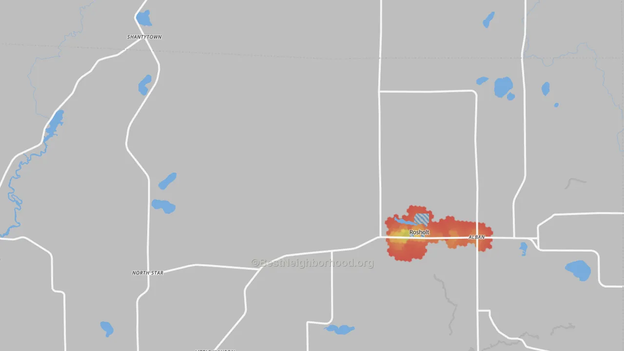 Walk Grade map of 54473, WI, walkable areas in green and car-dependent areas in red