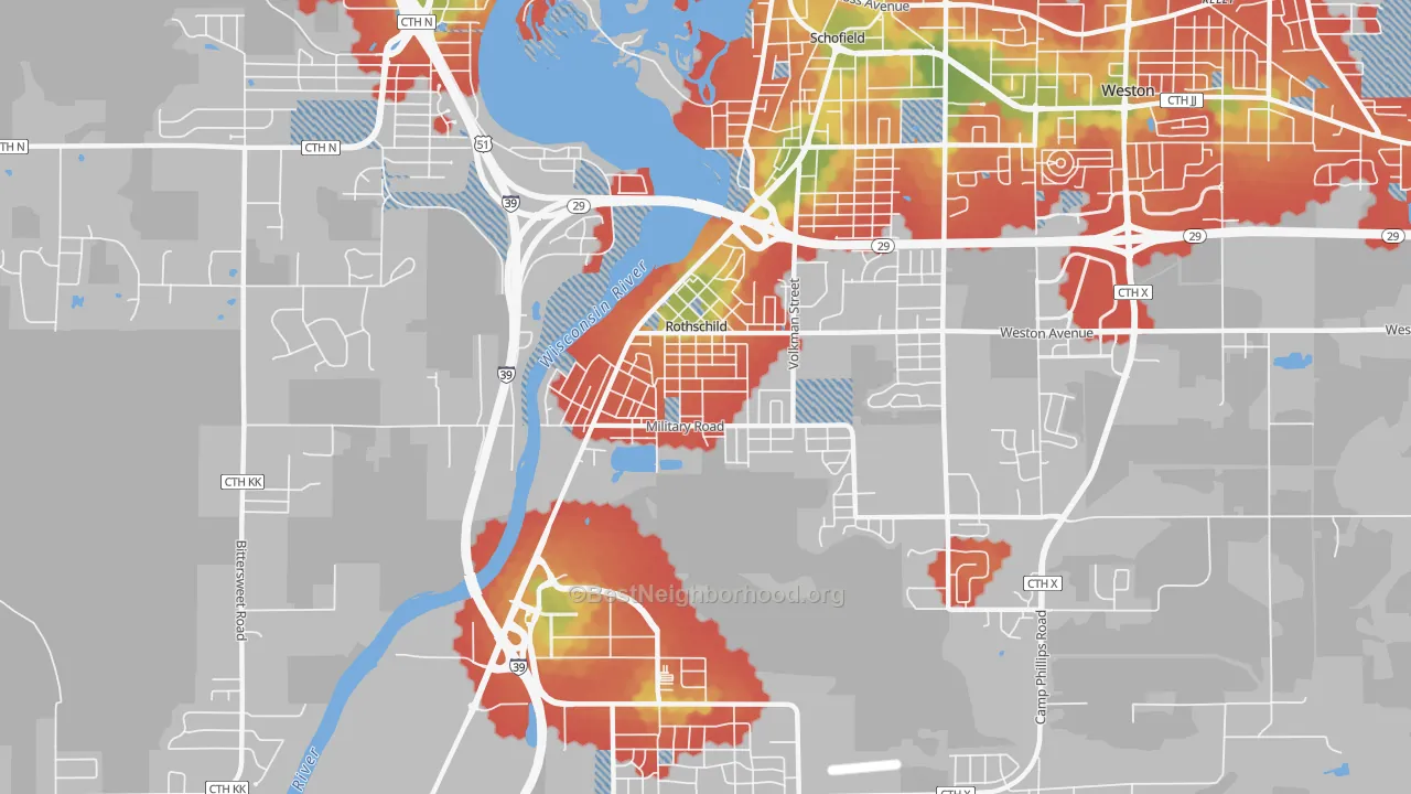 Walk Grade map of 54474, WI, walkable areas in green and car-dependent areas in red