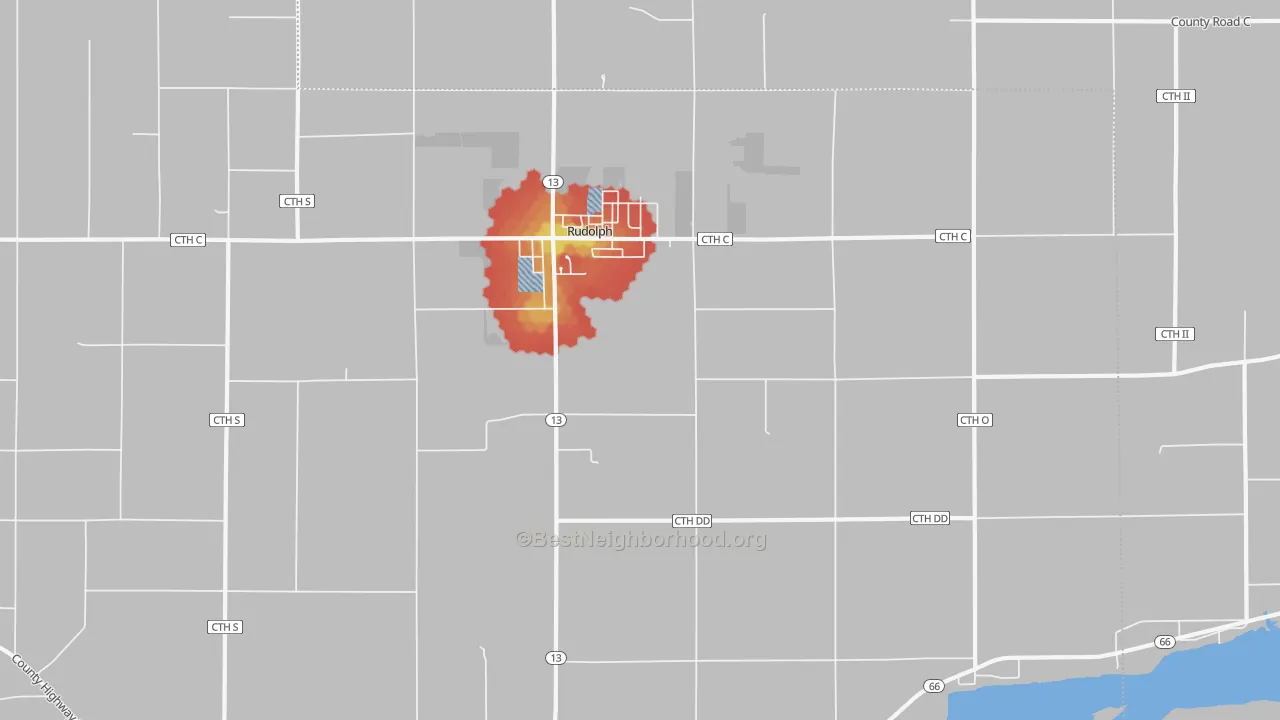 Walk Grade map of 54475, WI, walkable areas in green and car-dependent areas in red