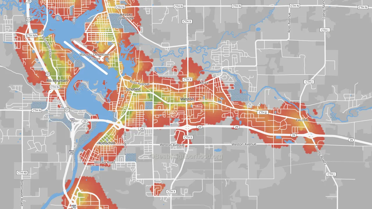 Walk Grade map of 54476, WI, walkable areas in green and car-dependent areas in red