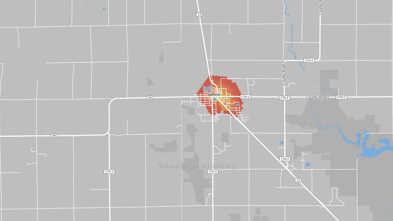 Walk Grade map of 54479, WI, walkable areas in green and car-dependent areas in red