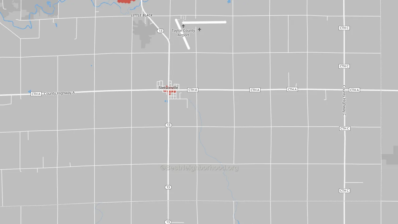 Walk Grade map of 54480, WI, walkable areas in green and car-dependent areas in red