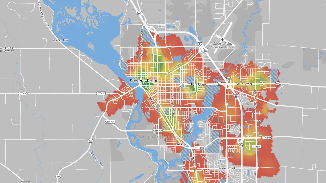 Walk Grade map of 54481, WI, walkable areas in green and car-dependent areas in red