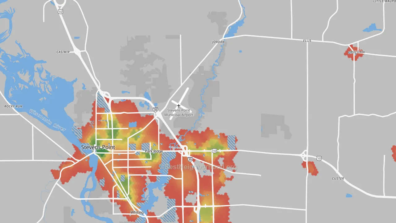 Walk Grade map of 54482, WI, walkable areas in green and car-dependent areas in red