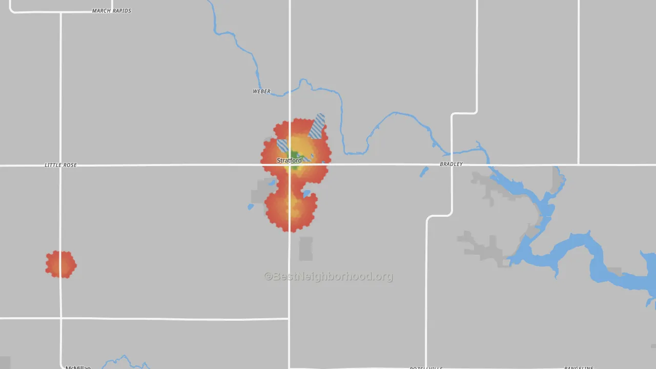 Walk Grade map of 54484, WI, walkable areas in green and car-dependent areas in red