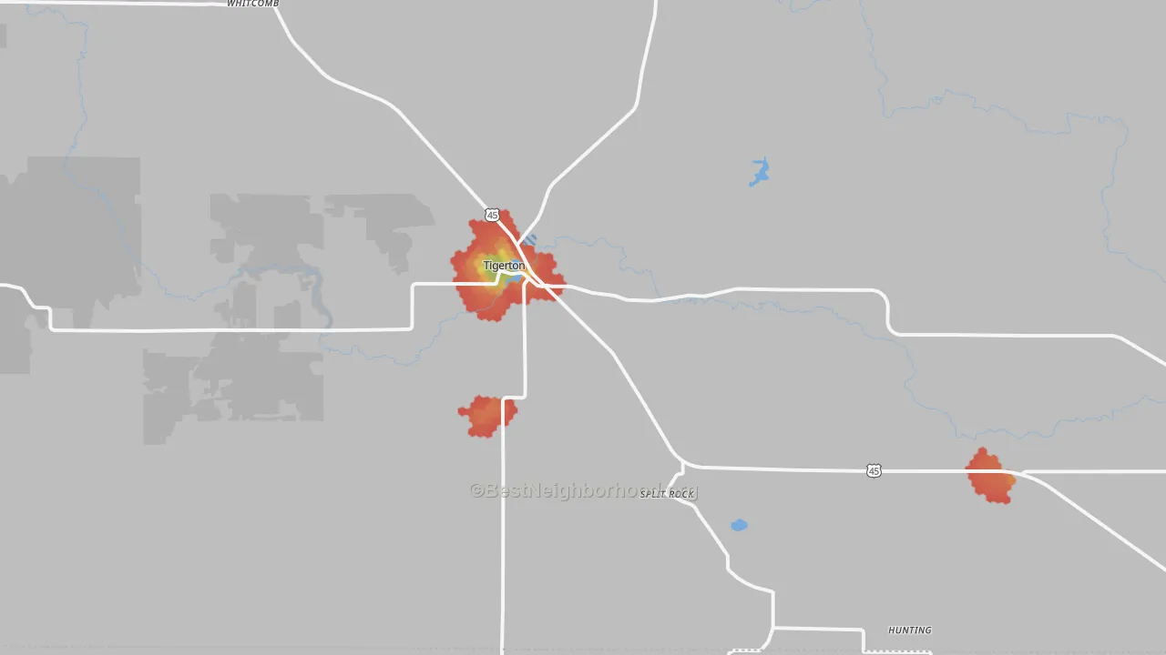 Walk Grade map of 54486, WI, walkable areas in green and car-dependent areas in red