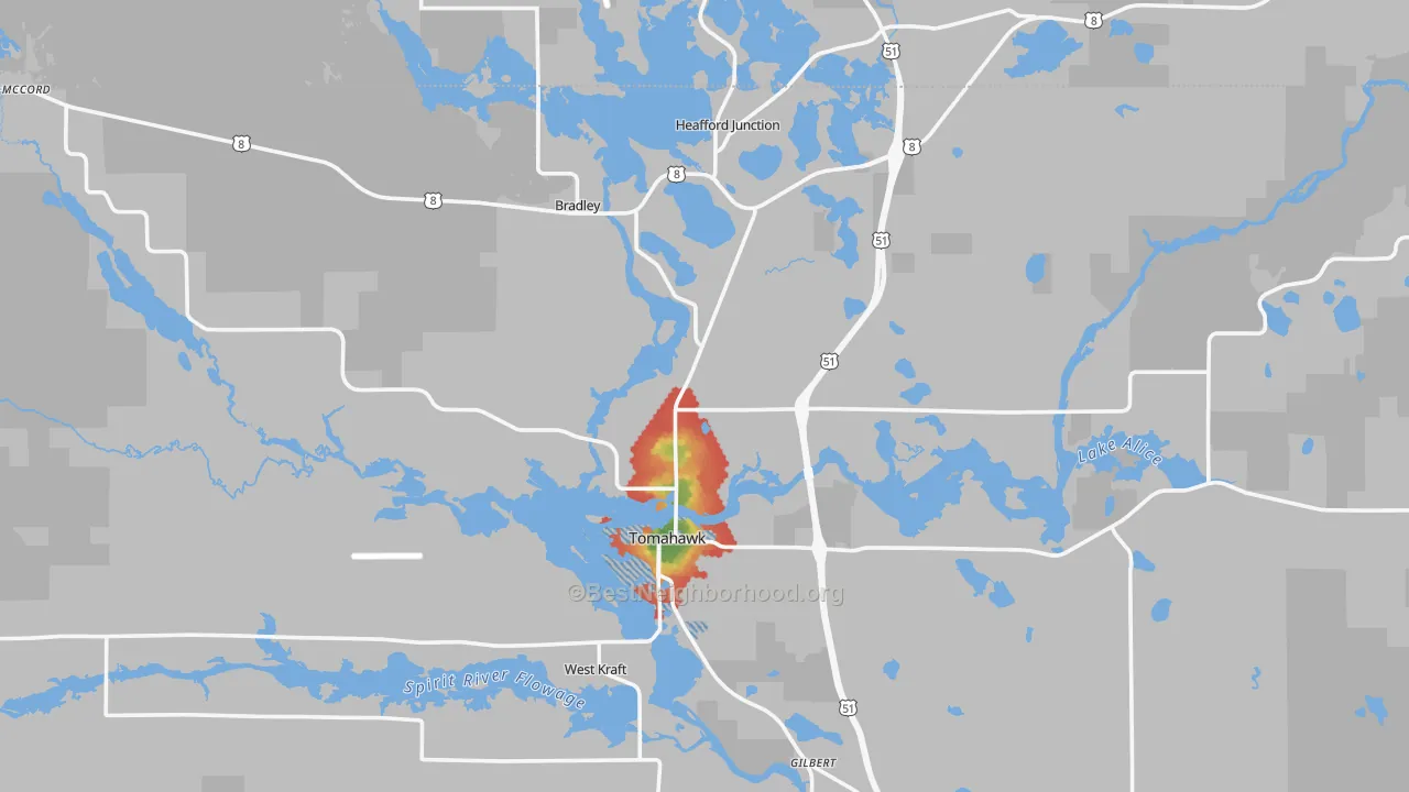 Walk Grade map of 54487, WI, walkable areas in green and car-dependent areas in red