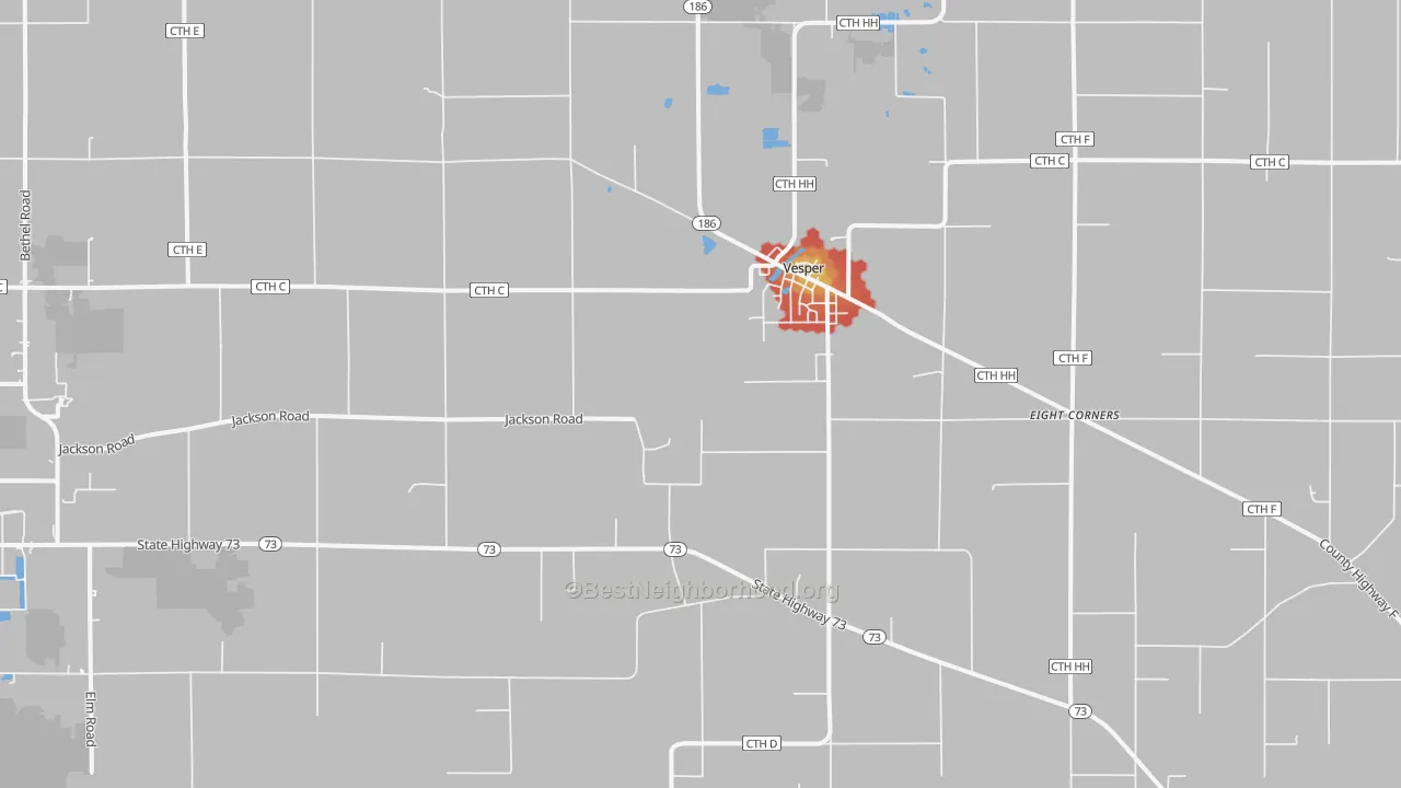 Walk Grade map of 54489, WI, walkable areas in green and car-dependent areas in red