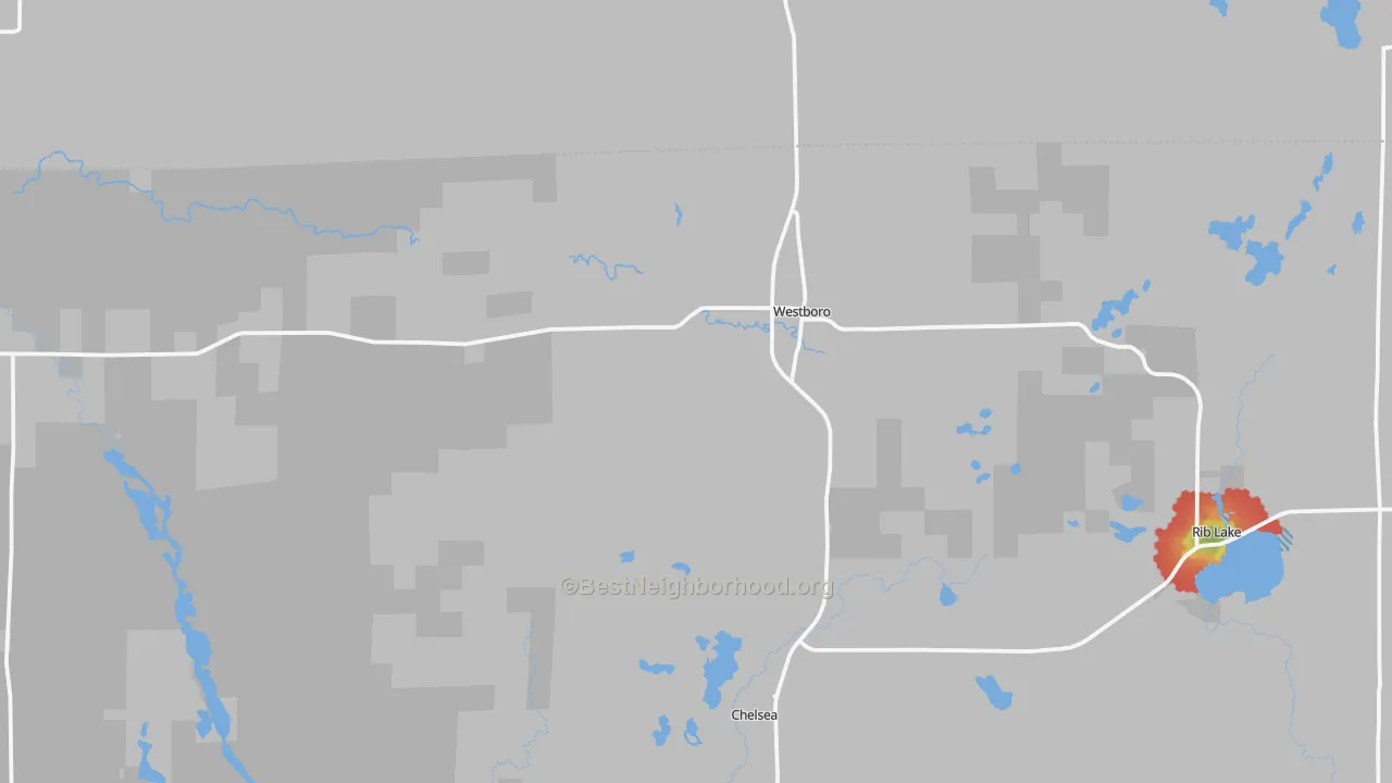 Walk Grade map of 54490, WI, walkable areas in green and car-dependent areas in red