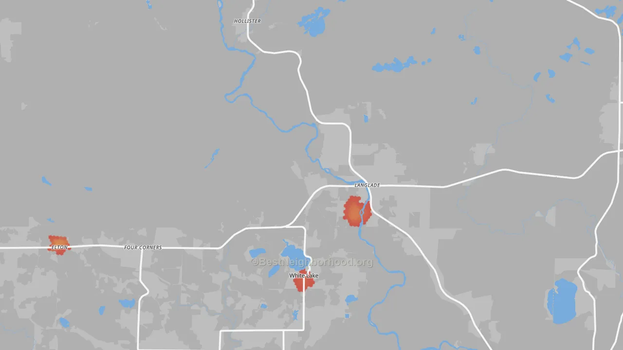 Walk Grade map of 54491, WI, walkable areas in green and car-dependent areas in red