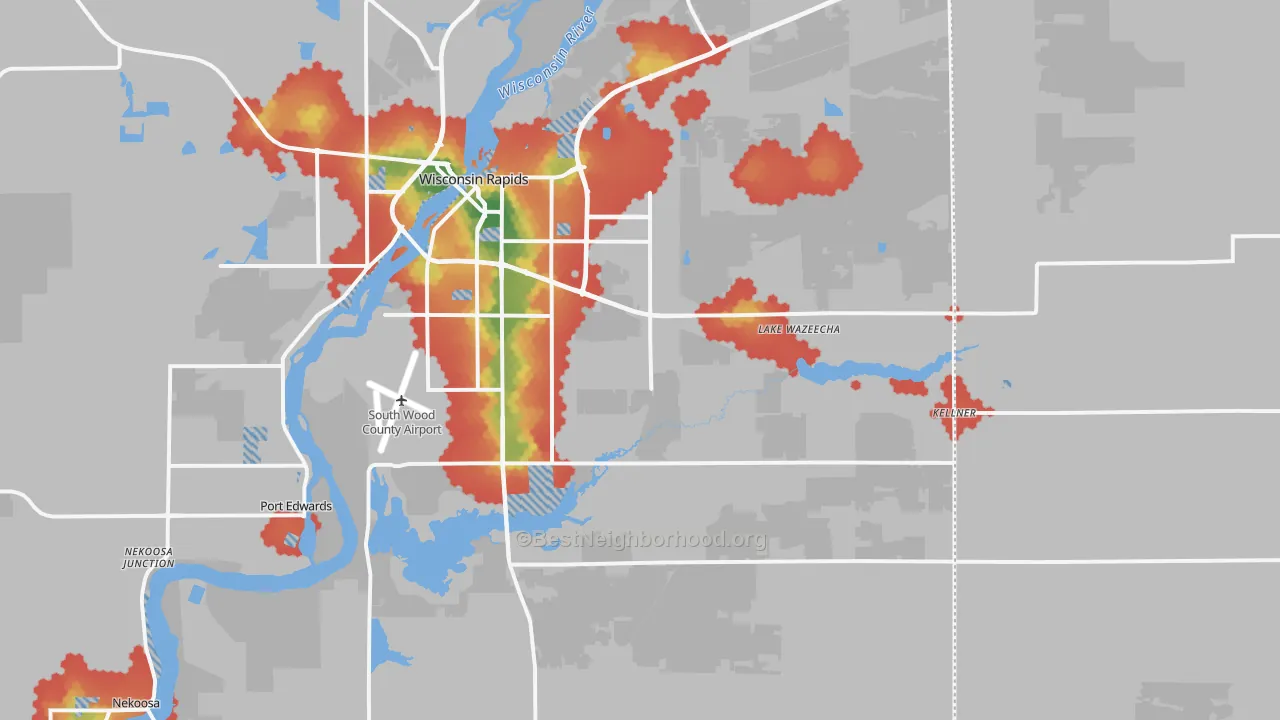 Walk Grade map of 54494, WI, walkable areas in green and car-dependent areas in red