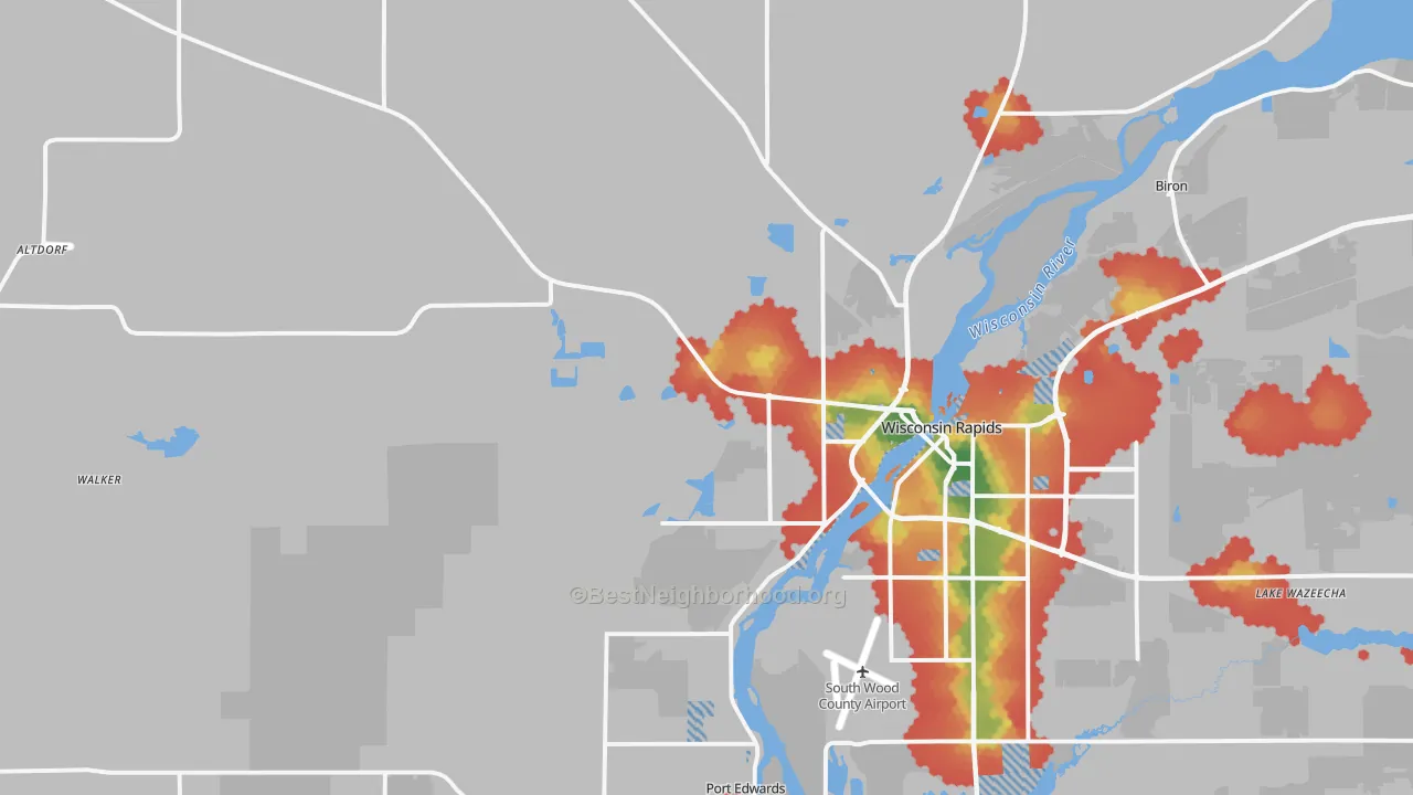 Walk Grade map of 54495, WI, walkable areas in green and car-dependent areas in red