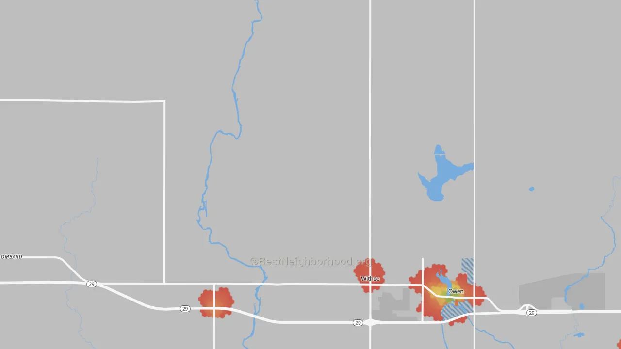 Walk Grade map of 54498, WI, walkable areas in green and car-dependent areas in red