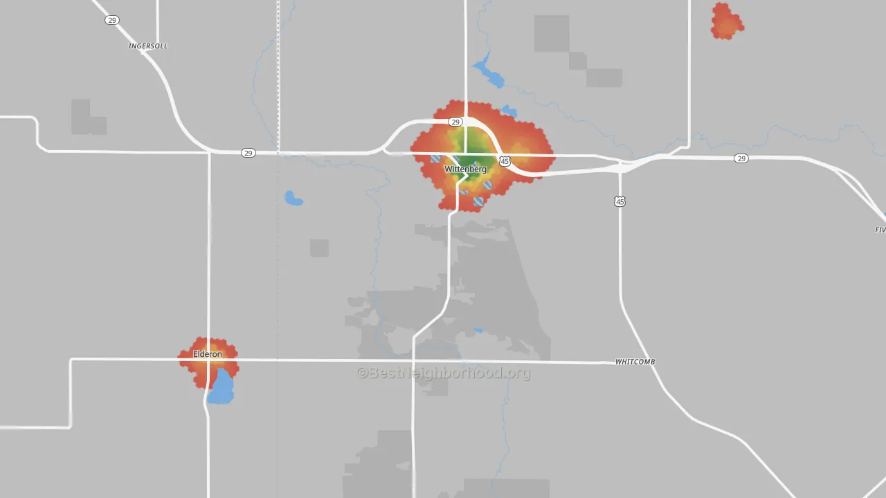 Walk Grade map of 54499, WI, walkable areas in green and car-dependent areas in red