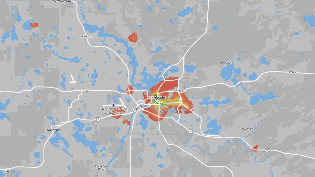 Walk Grade map of 54501, WI, walkable areas in green and car-dependent areas in red