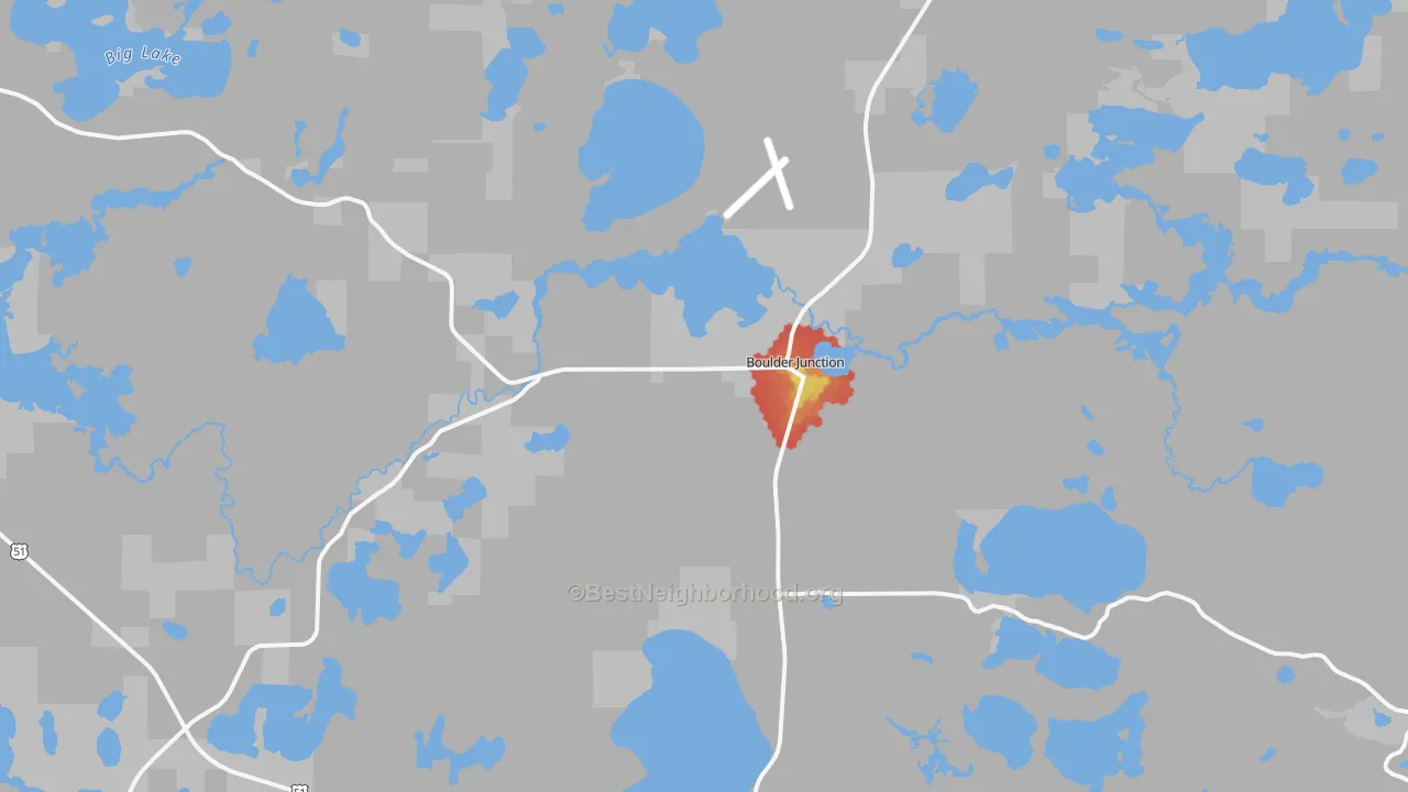 Walk Grade map of 54512, WI, walkable areas in green and car-dependent areas in red