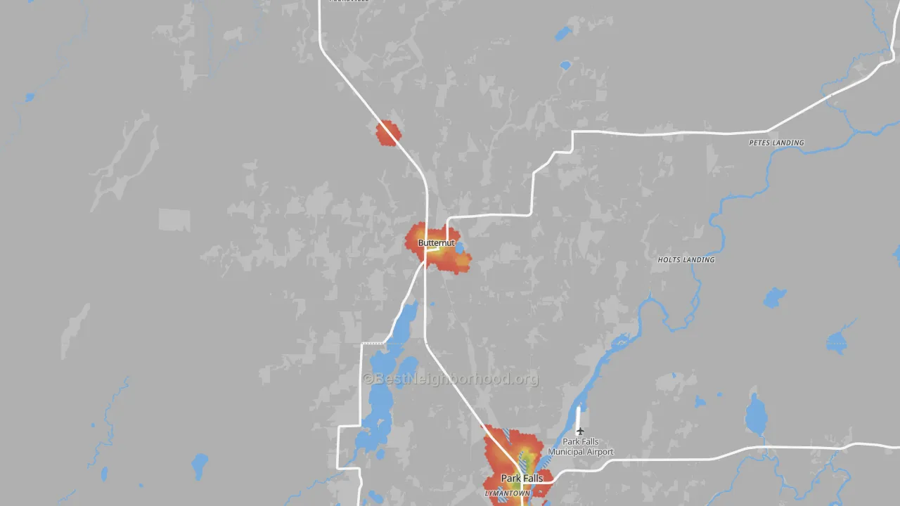 Walk Grade map of 54514, WI, walkable areas in green and car-dependent areas in red