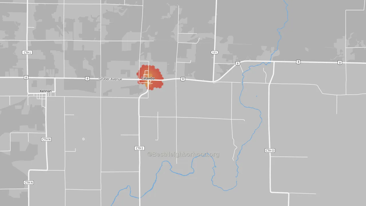 Walk Grade map of 54515, WI, walkable areas in green and car-dependent areas in red