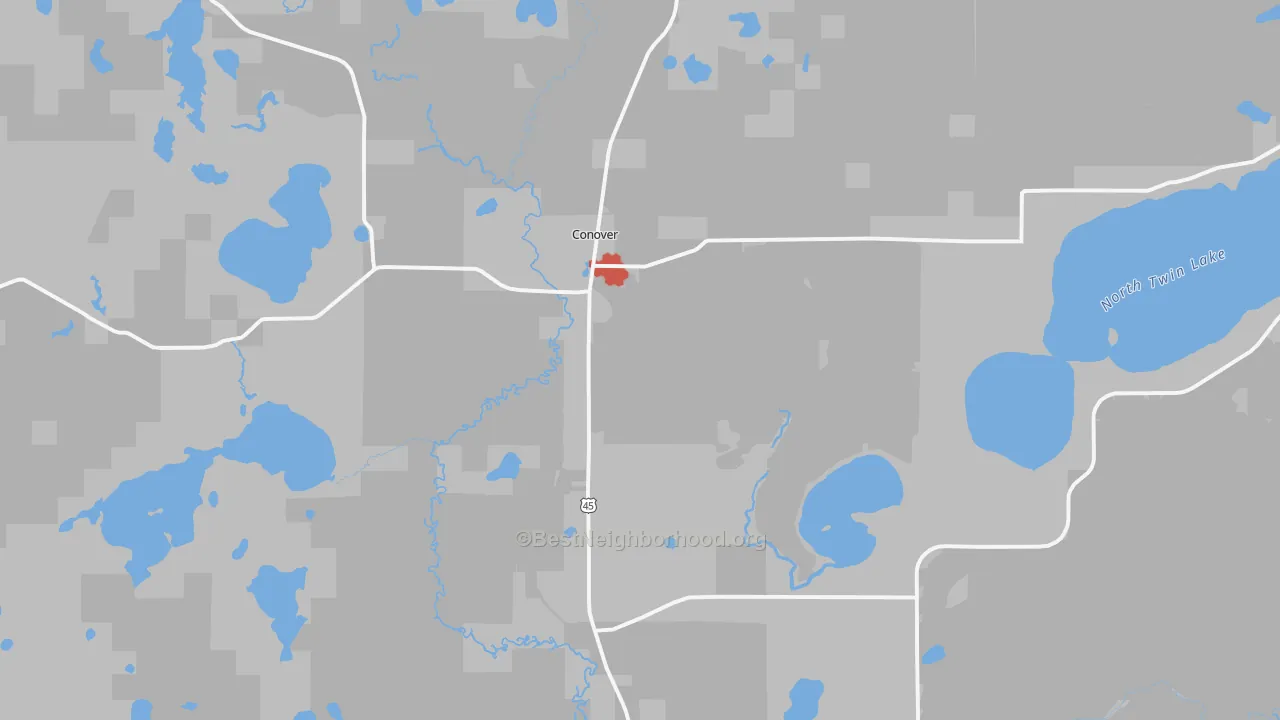 Walk Grade map of 54519, WI, walkable areas in green and car-dependent areas in red