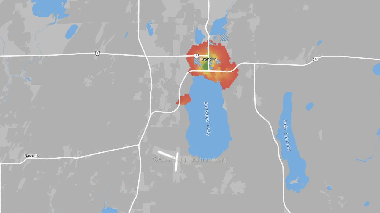Walk Grade map of 54520, WI, walkable areas in green and car-dependent areas in red