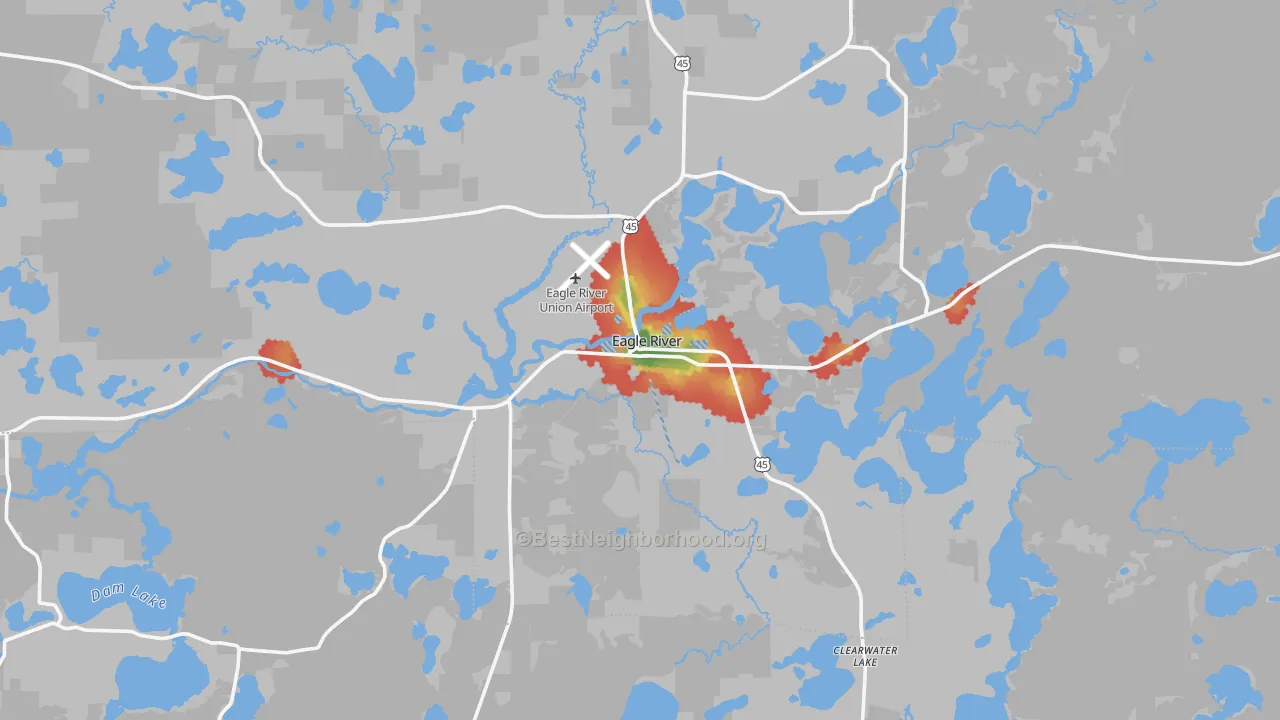 Walk Grade map of 54521, WI, walkable areas in green and car-dependent areas in red