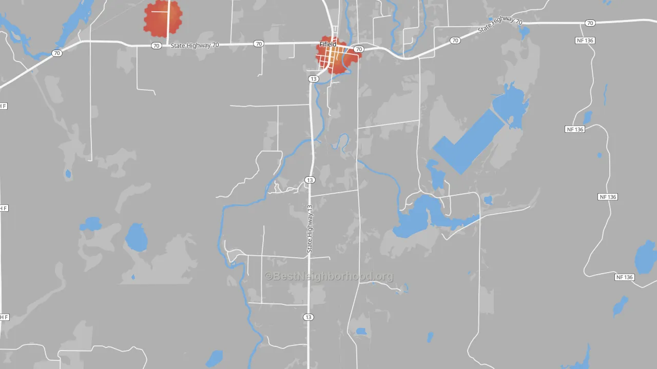 Walk Grade map of 54524, WI, walkable areas in green and car-dependent areas in red