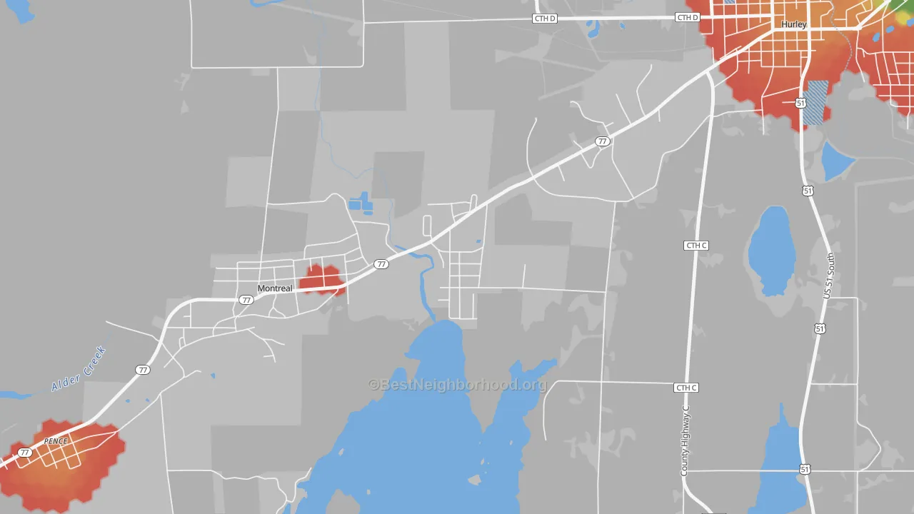Walk Grade map of 54525, WI, walkable areas in green and car-dependent areas in red