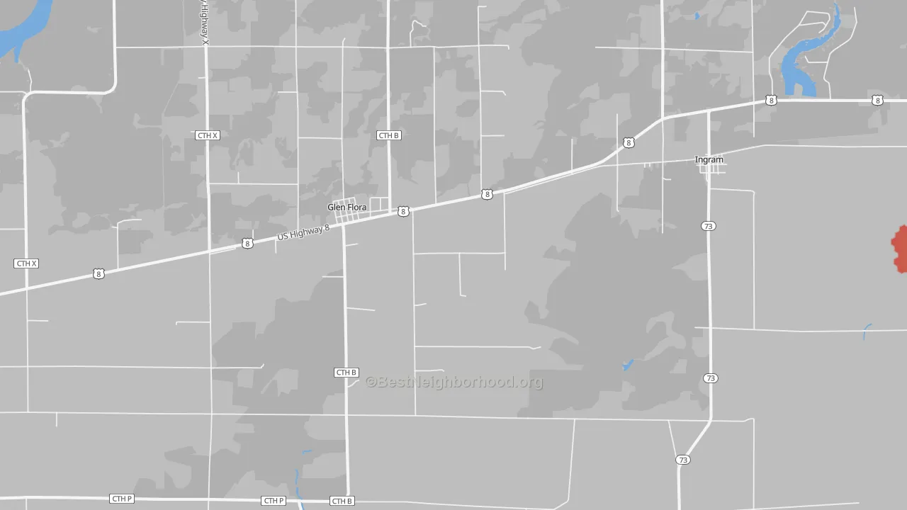 Walk Grade map of 54526, WI, walkable areas in green and car-dependent areas in red