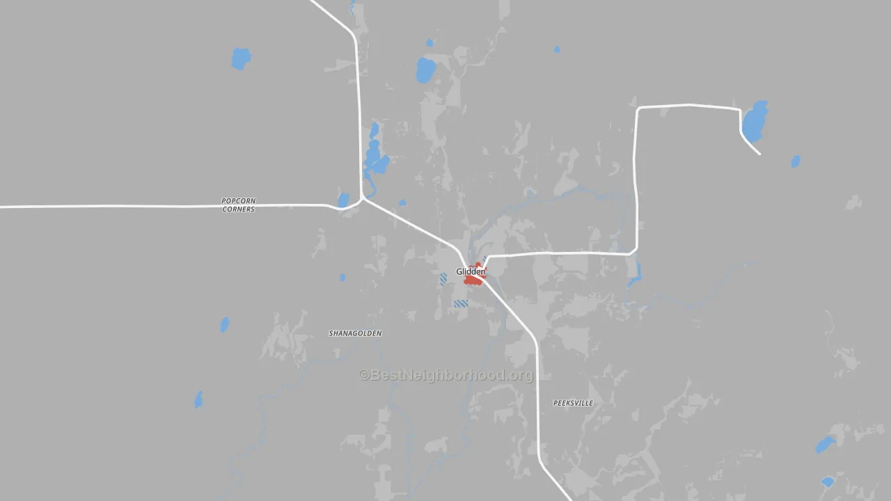 Walk Grade map of 54527, WI, walkable areas in green and car-dependent areas in red