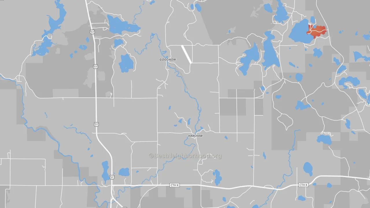 Walk Grade map of 54529, WI, walkable areas in green and car-dependent areas in red