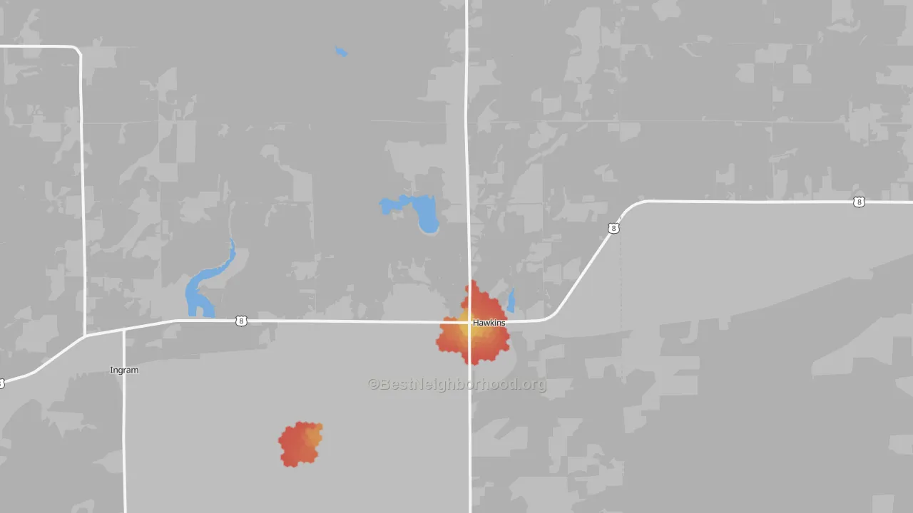 Walk Grade map of 54530, WI, walkable areas in green and car-dependent areas in red