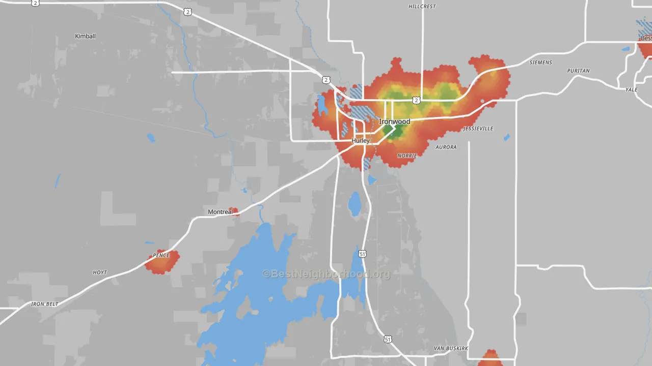 Walk Grade map of 54534, WI, walkable areas in green and car-dependent areas in red