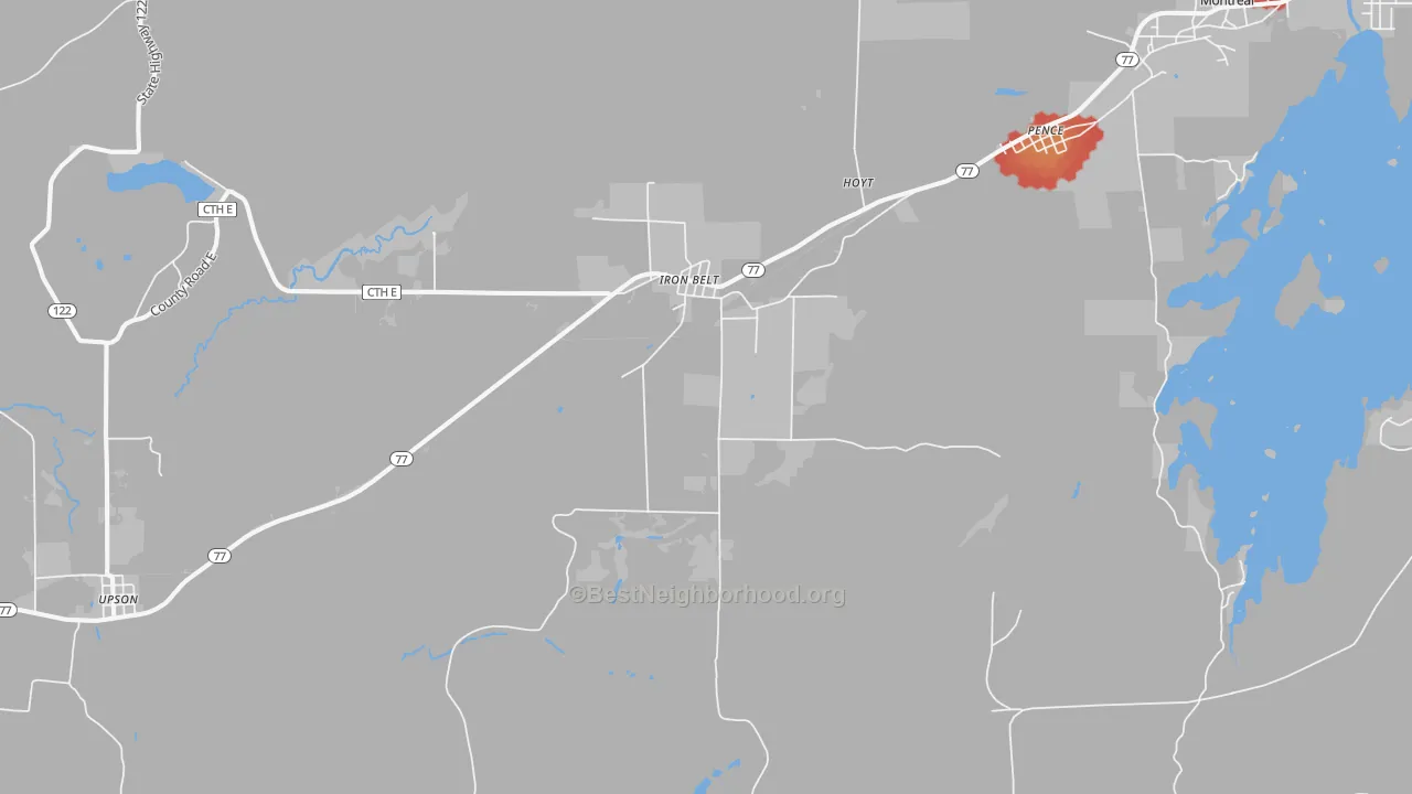 Walk Grade map of 54536, WI, walkable areas in green and car-dependent areas in red