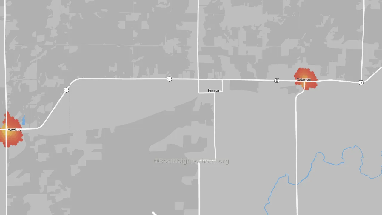 Walk Grade map of 54537, WI, walkable areas in green and car-dependent areas in red